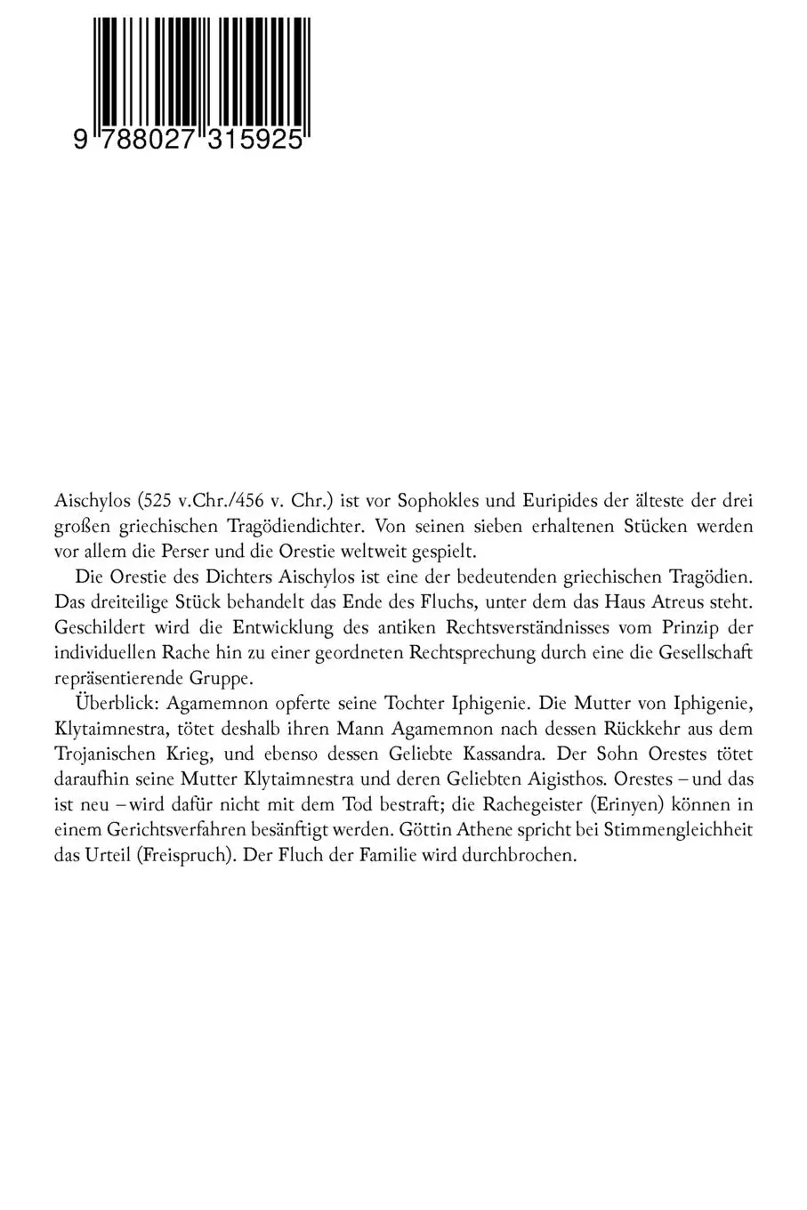 Rückseite: 9788027315925 | Die Orestie | Agamemnon | Aischylos (u. a.) | Taschenbuch | Englisch