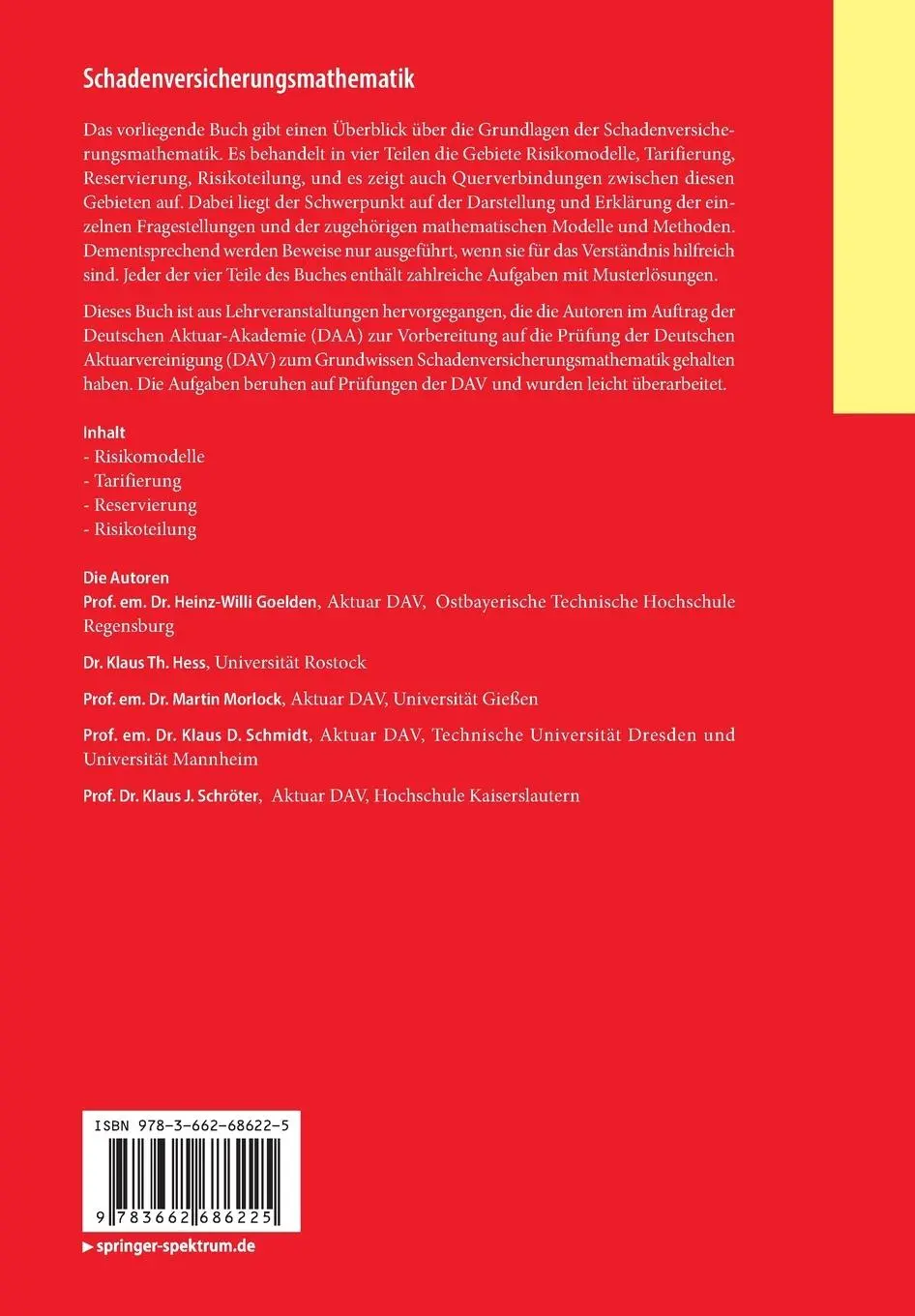 Rückseite: 9783662686225 | Schadenversicherungsmathematik | Heinz-Willi Goelden (u. a.) | Buch