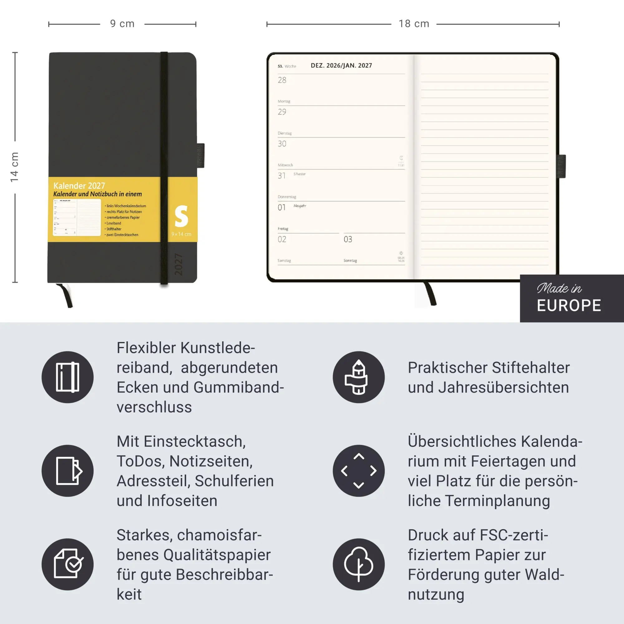 Bild: 9783756416325 | Kombitimer schwarz klein 2027 | Heye | Taschenbuch | Bürokalender Heye