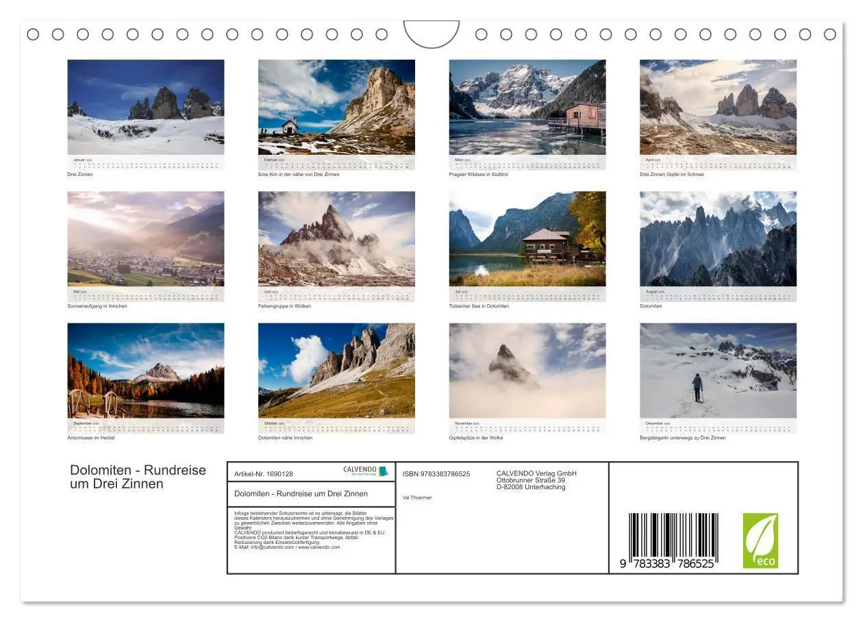 Bild: 9783383786525 | Dolomiten - Rundreise um Drei Zinnen (Wandkalender 2025 DIN A4...