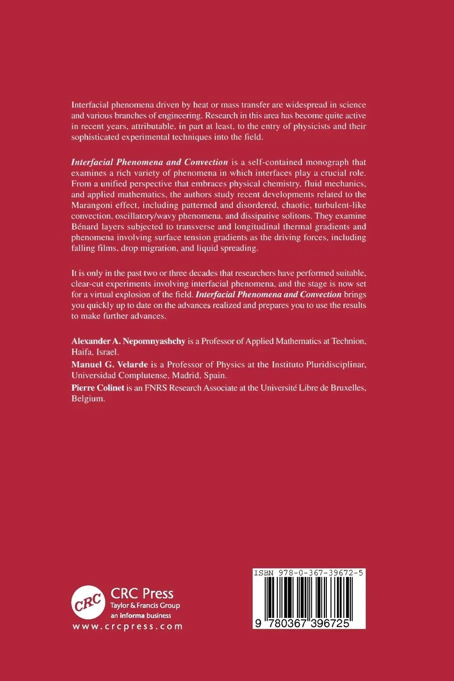 Rückseite: 9780367396725 | Interfacial Phenomena and Convection | Nepomnyashchy (u. a.) | Buch