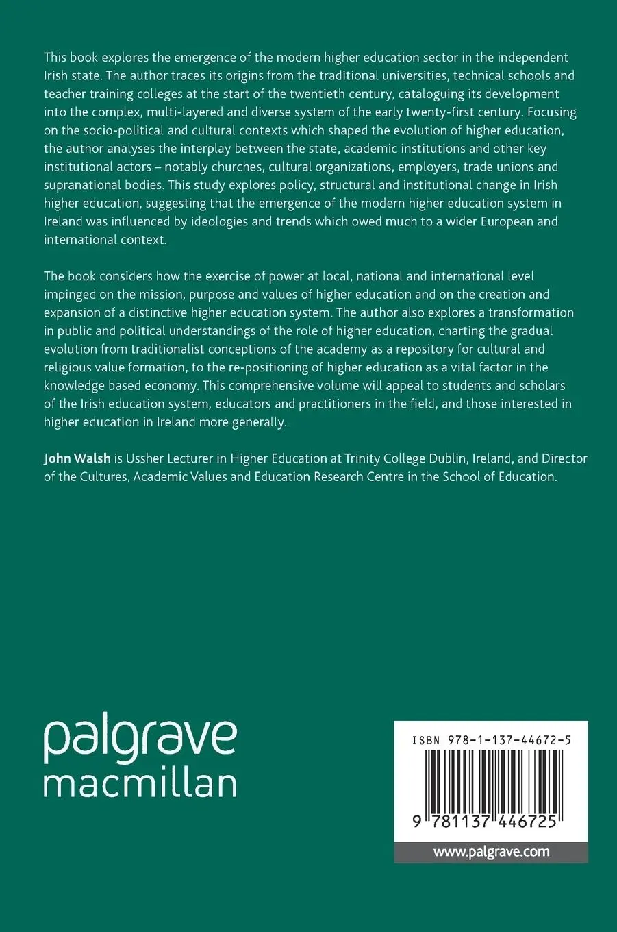 Rückseite: 9781137446725 | Higher Education in Ireland, 1922-2016 | John Walsh | Buch | xvii