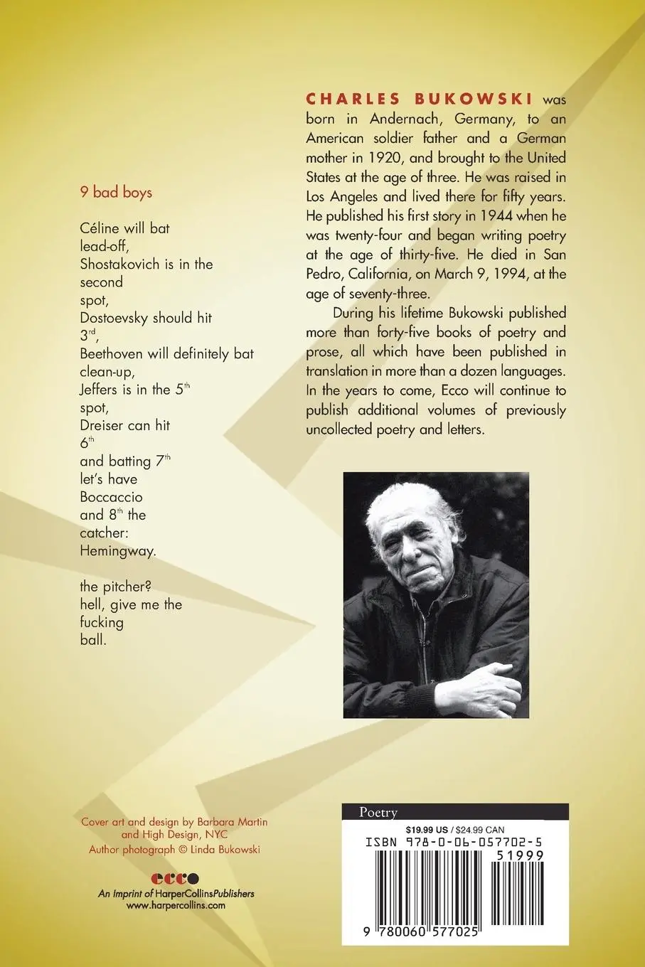 Rückseite: 9780060577025 | The Flash of Lightning Behind the Mountain | New Poems | Bukowski
