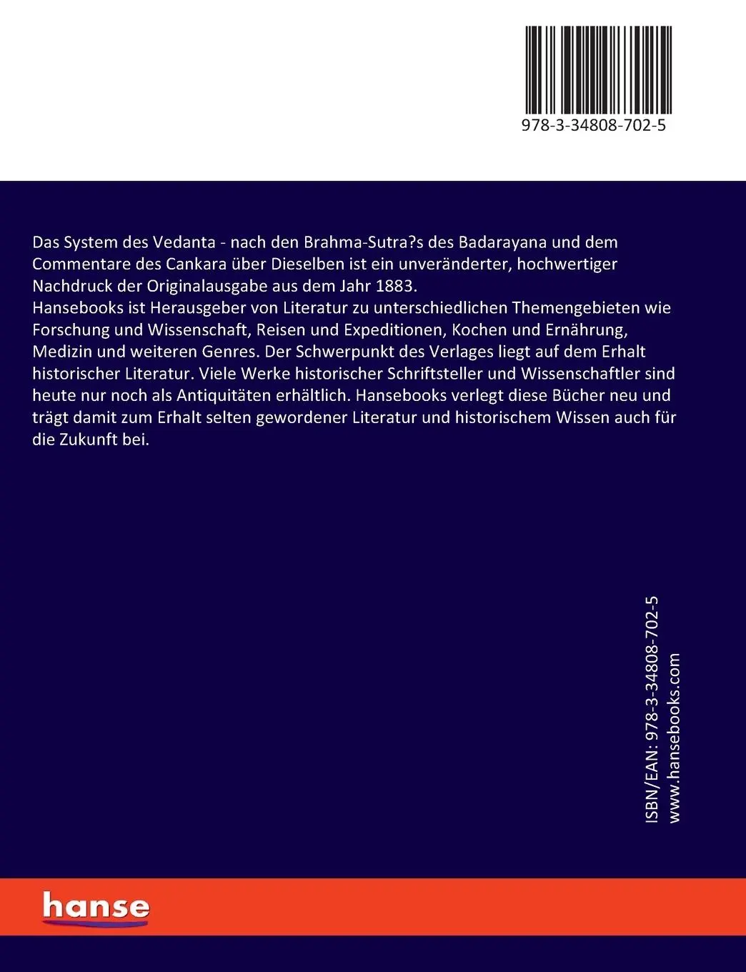 Rückseite: 9783348087025 | Das System des Vedanta | Paul Deussen | Taschenbuch | 556 S. | Deutsch