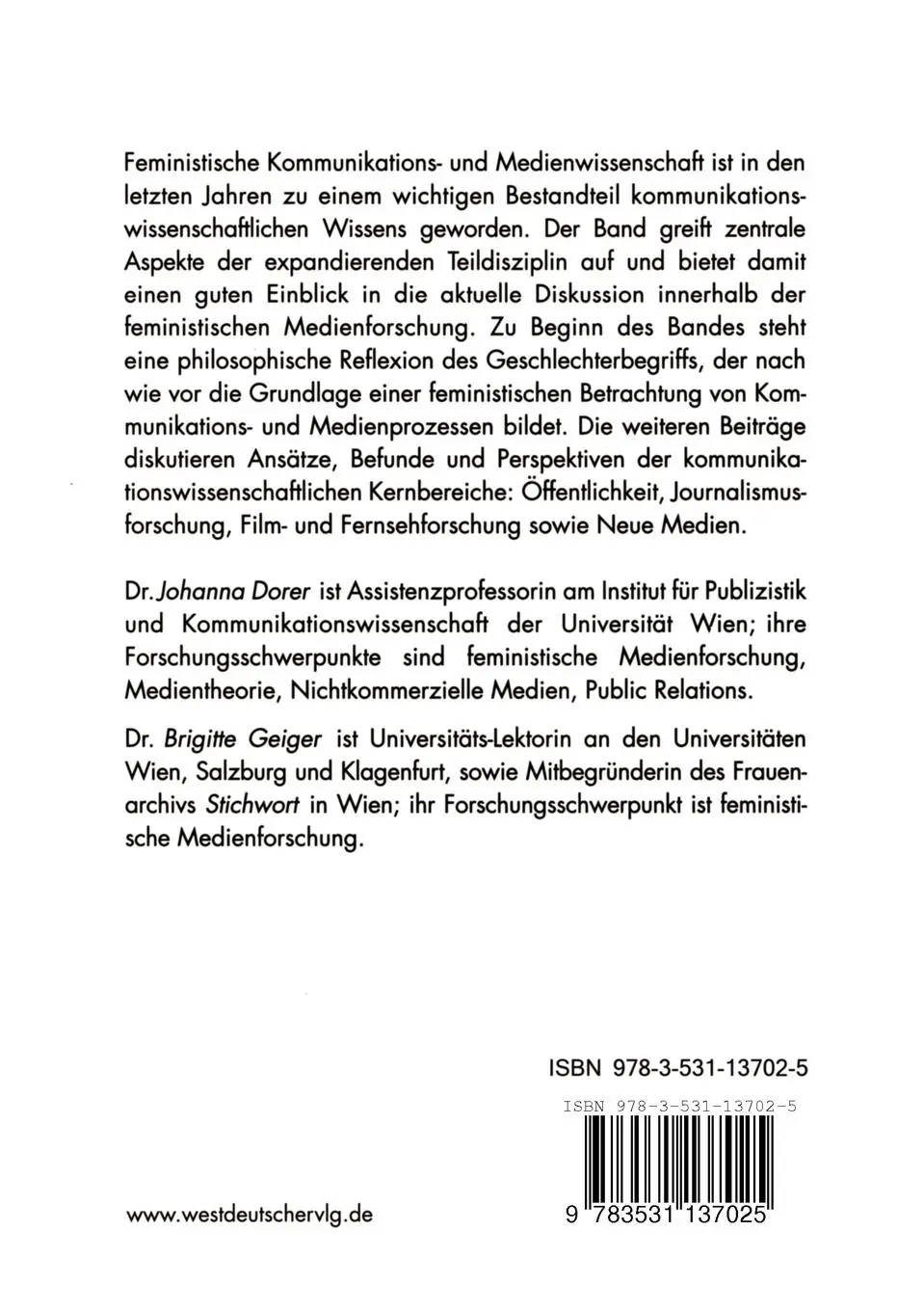 Rückseite: 9783531137025 | Feministische Kommunikations- und Medienwissenschaft | Dorer (u. a.)