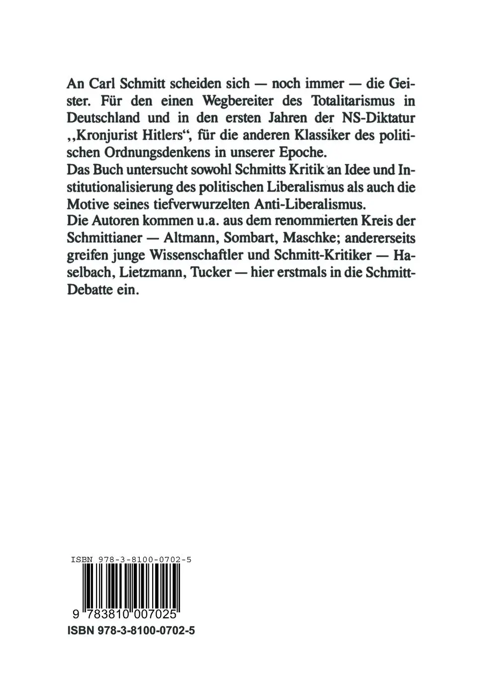Rückseite: 9783810007025 | Carl Schmitt und die Liberalismuskritik | Klaus Hansen (u. a.) | Buch