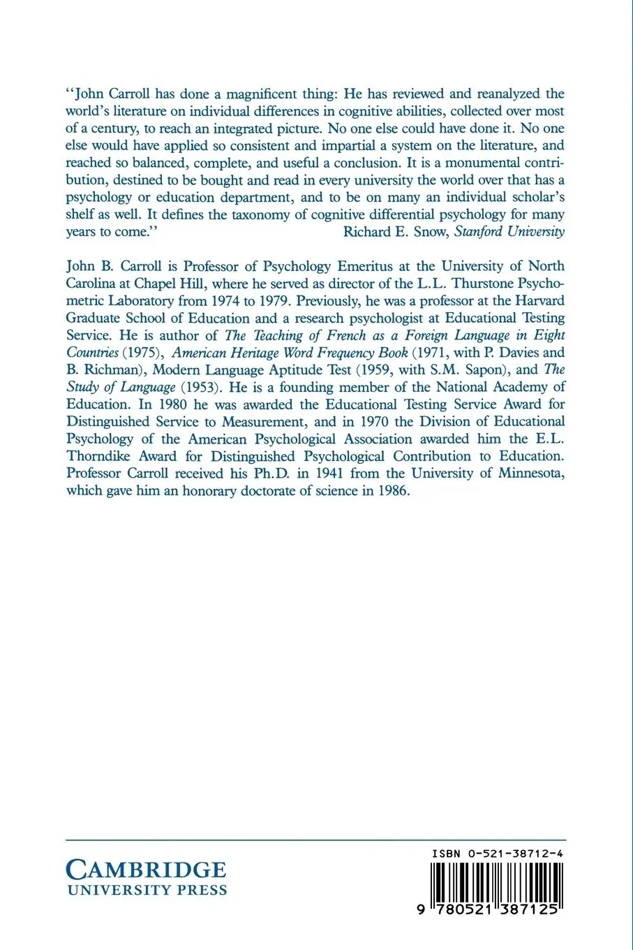 Rückseite: 9780521387125 | Human Cognitive Abilities | A Survey of Factor-Analytic Studies | Buch