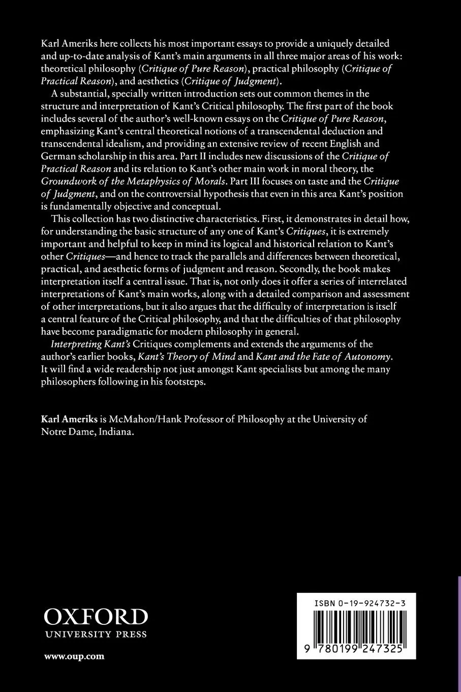 Rückseite: 9780199247325 | Interpreting Kant's Critiques | Karl Ameriks | Taschenbuch | Englisch