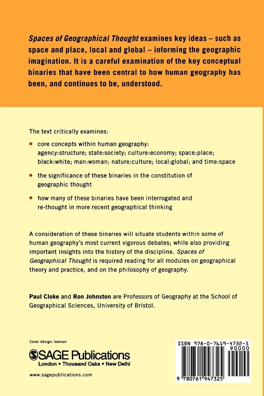 Rückseite: 9780761947325 | Spaces of Geographical Thought | Paul J Cloke (u. a.) | Taschenbuch