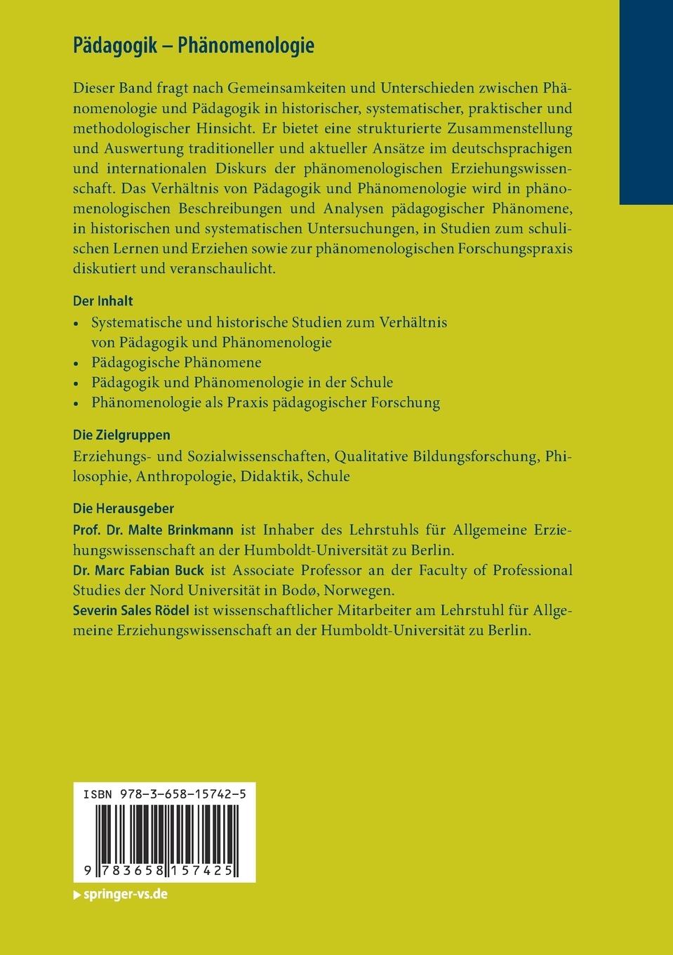 Rückseite: 9783658157425 | Pädagogik - Phänomenologie | Malte Brinkmann (u. a.) | Taschenbuch