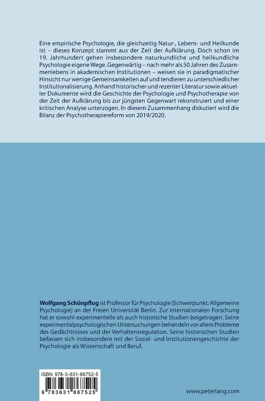 Rückseite: 9783631867525 | Kurze Geschichte der Psychologie und Psychotherapie (1783¿2020) | Buch