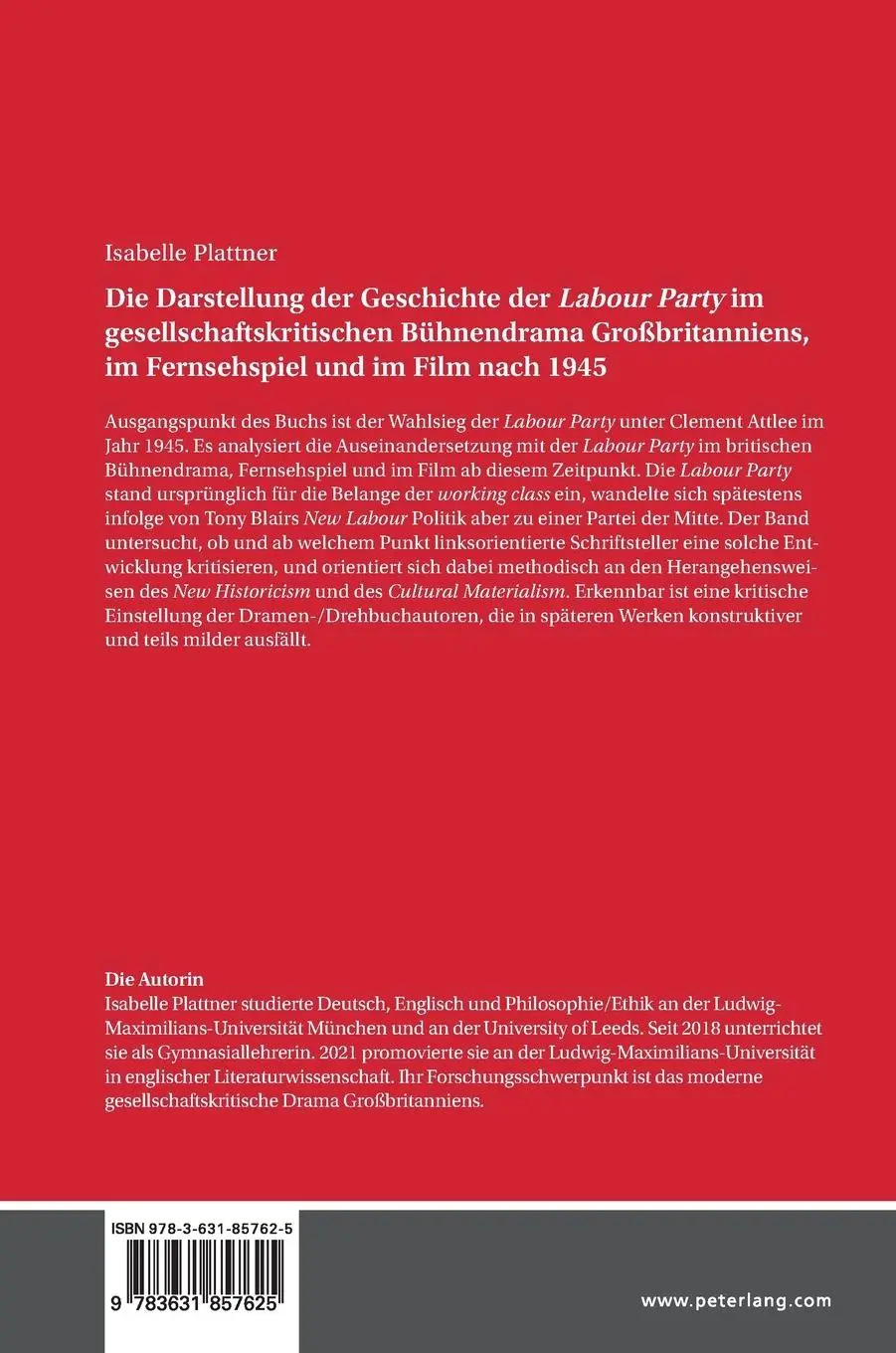 Rückseite: 9783631857625 | Die Darstellung der Geschichte der <i>Labour Party</i> im...