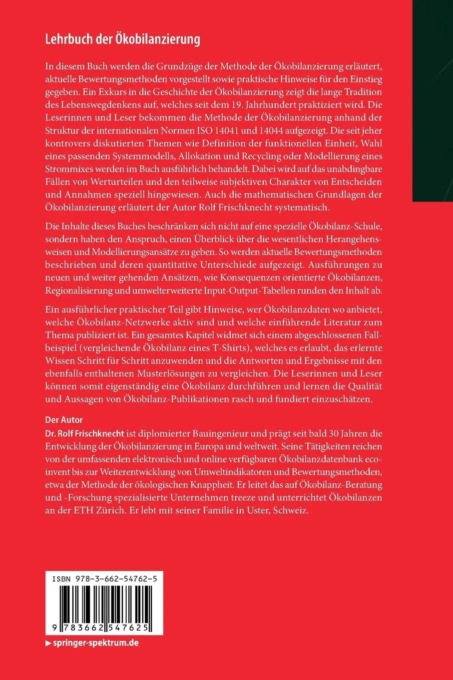 Rückseite: 9783662547625 | Lehrbuch der Ökobilanzierung | Rolf Frischknecht | Taschenbuch | XV