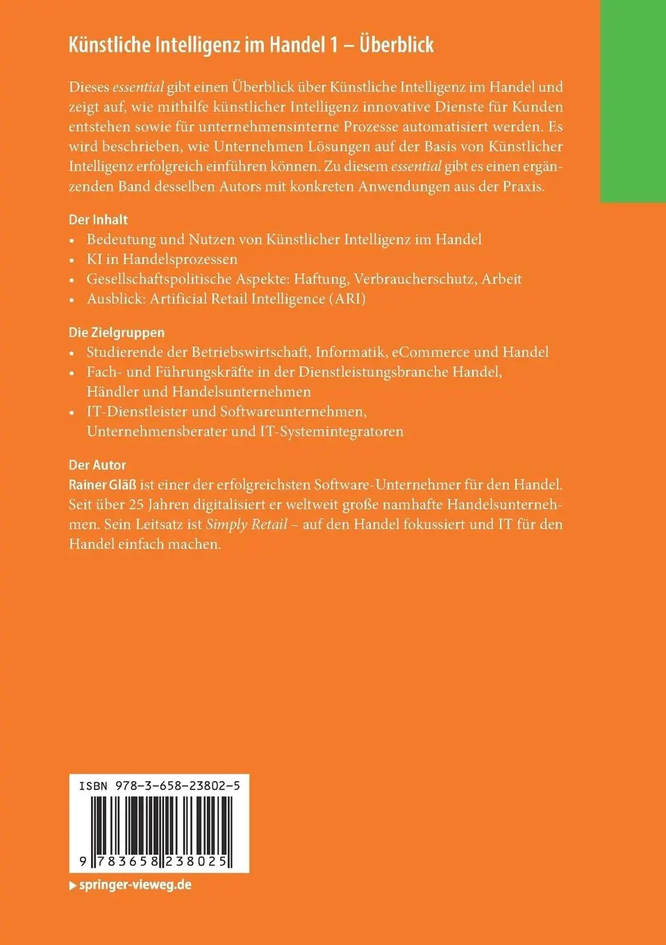 Rückseite: 9783658238025 | Künstliche Intelligenz im Handel 1 - Überblick | Rainer Gläß | Buch