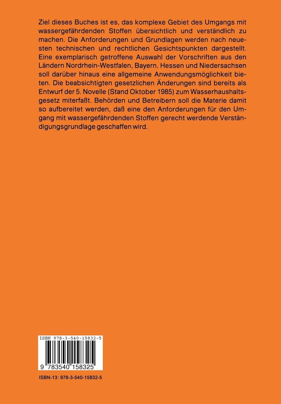 Rückseite: 9783540158325 | Wassergefährdende Stoffe | Vorschriften und Erläuterungen | Buch | xiv