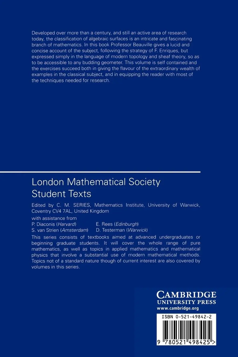 Rückseite: 9780521498425 | Complex Algebraic Surfaces | Arnaud Beauville (u. a.) | Taschenbuch