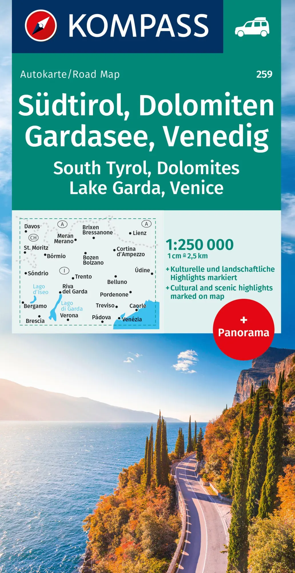 Cover: 9783991218425 | KOMPASS Autokarte Südtirol, Dolomiten, Gardasee, Venedig 1:250.000