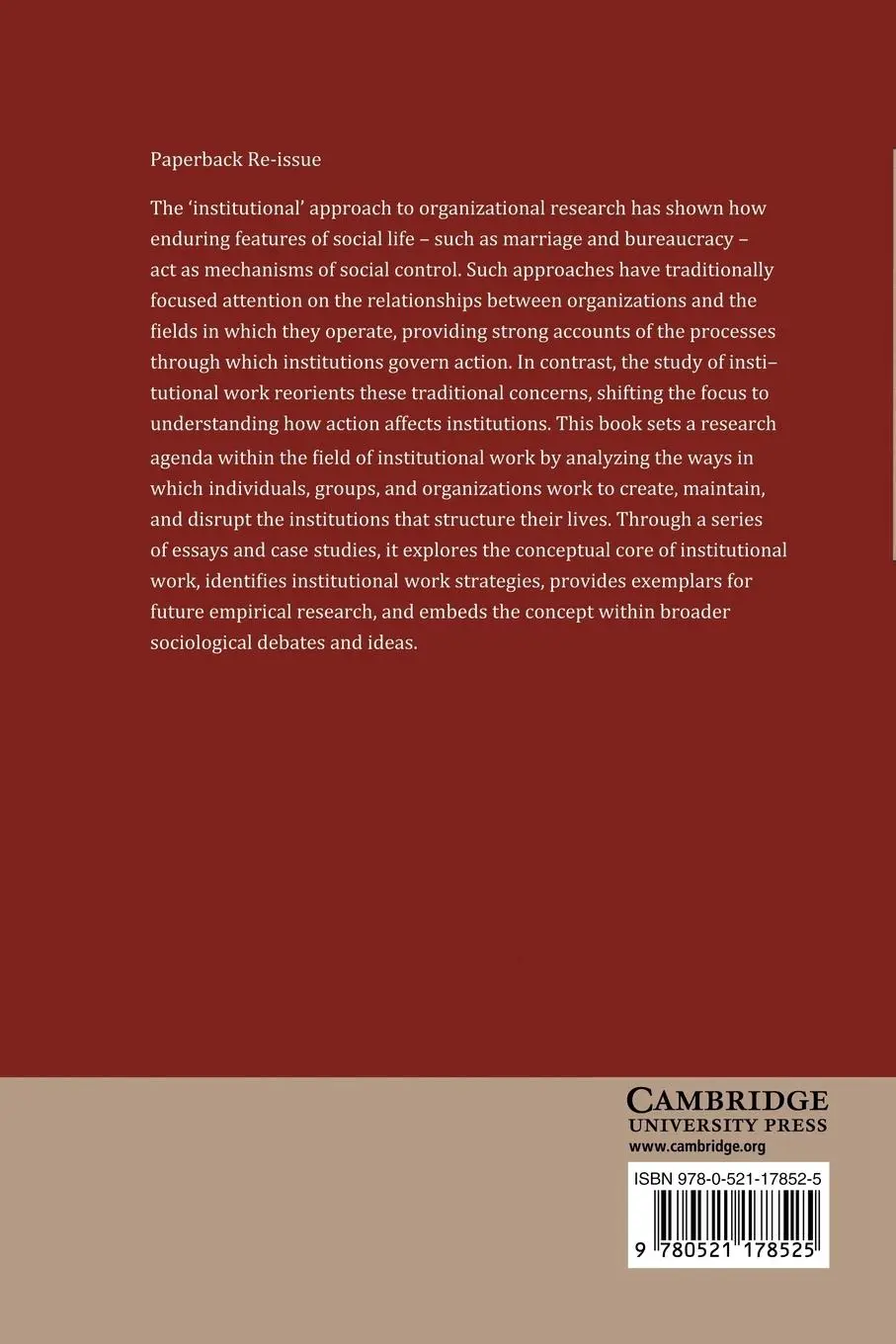 Rückseite: 9780521178525 | Institutional Work | Thomas B. Lawrence (u. a.) | Taschenbuch | 2011