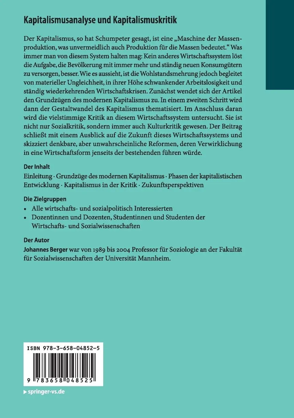 Rückseite: 9783658048525 | Kapitalismusanalyse und Kapitalismuskritik | Johannes Berger | Buch