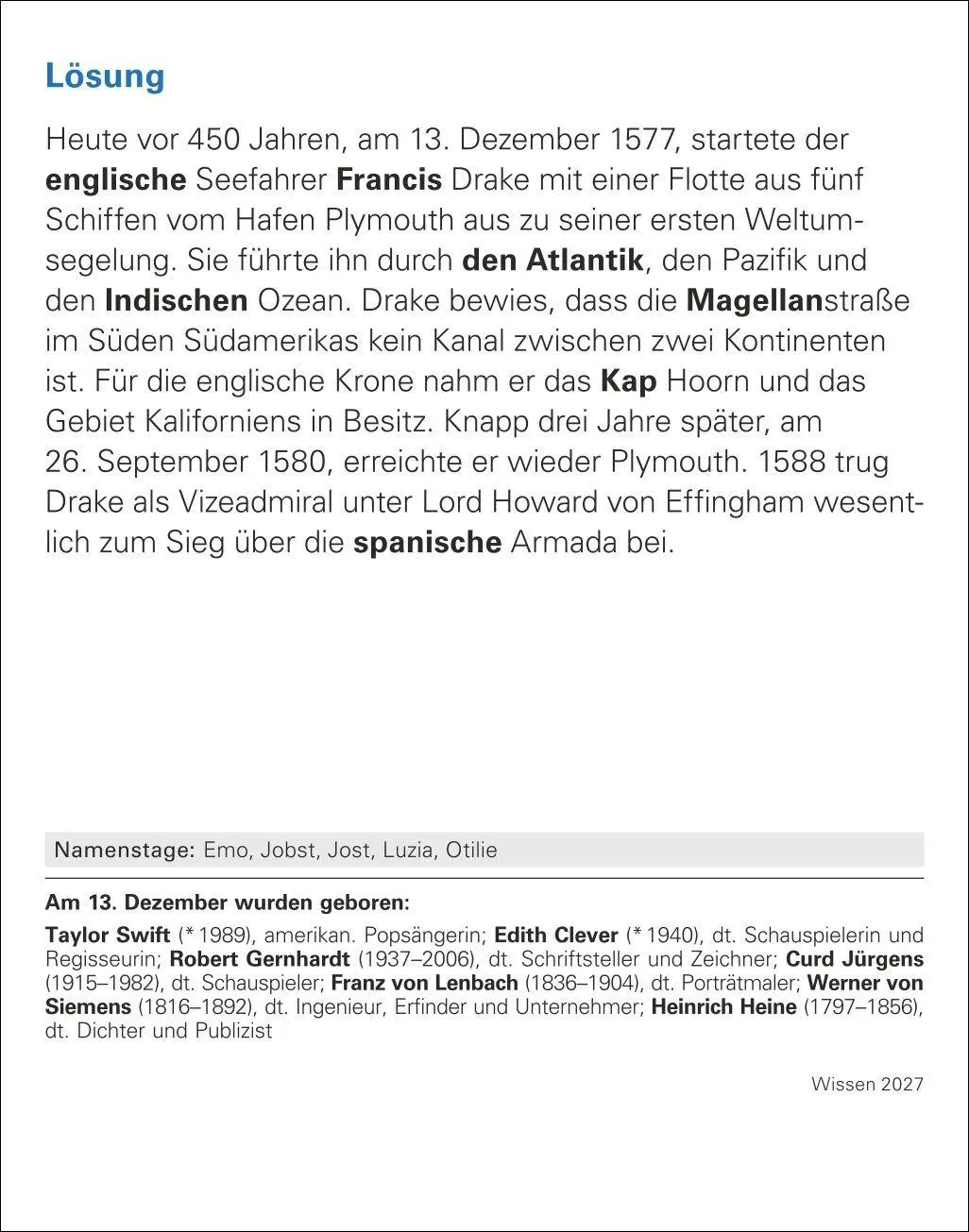Bild: 9783840038525 | Wissen Tagesabreißkalender 2027 - Quizfragen aus Geschichte,...