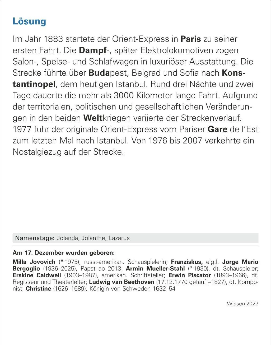 Bild: 9783840038525 | Wissen Tagesabreißkalender 2027 - Quizfragen aus Geschichte,...