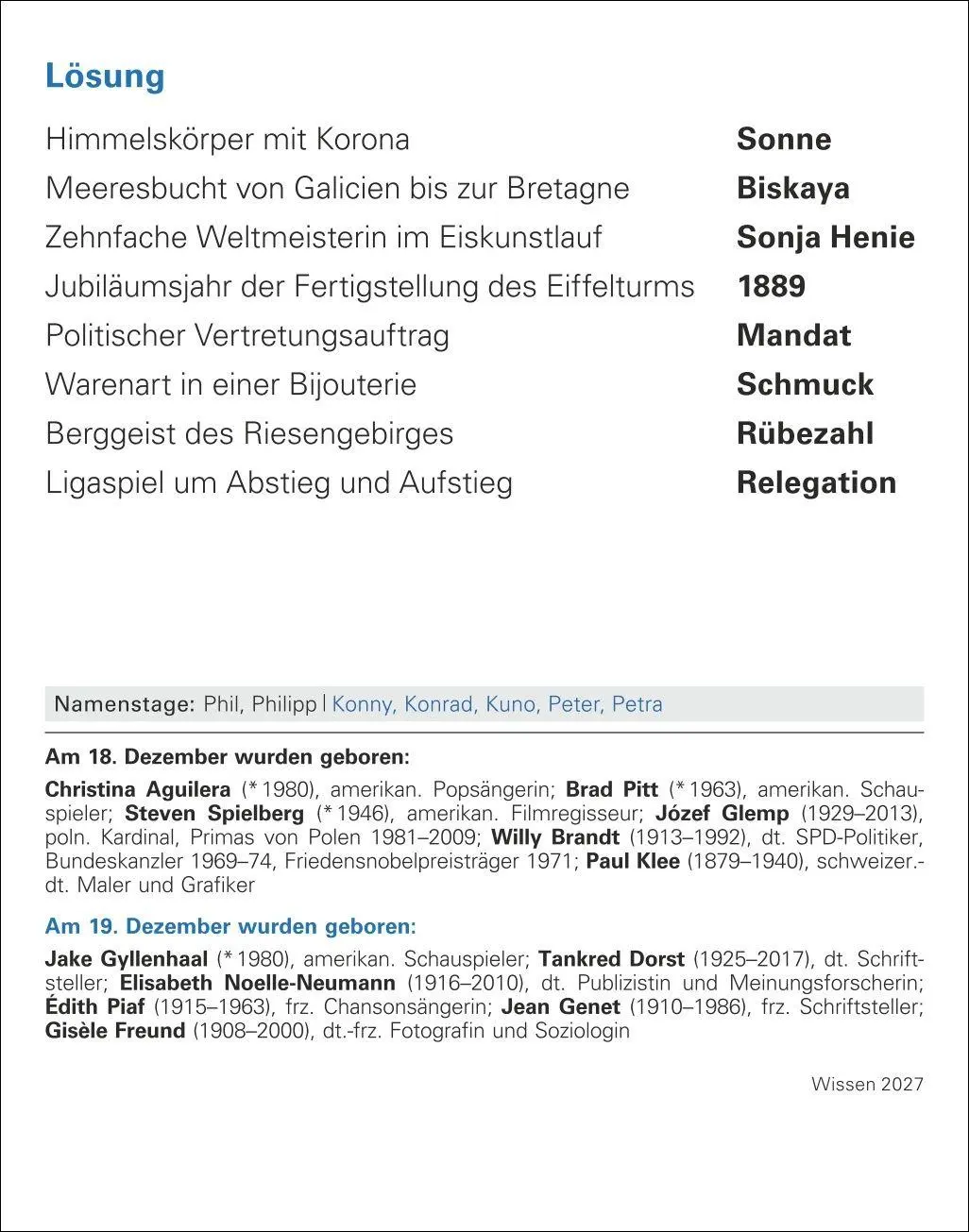 Bild: 9783840038525 | Wissen Tagesabreißkalender 2027 - Quizfragen aus Geschichte,...