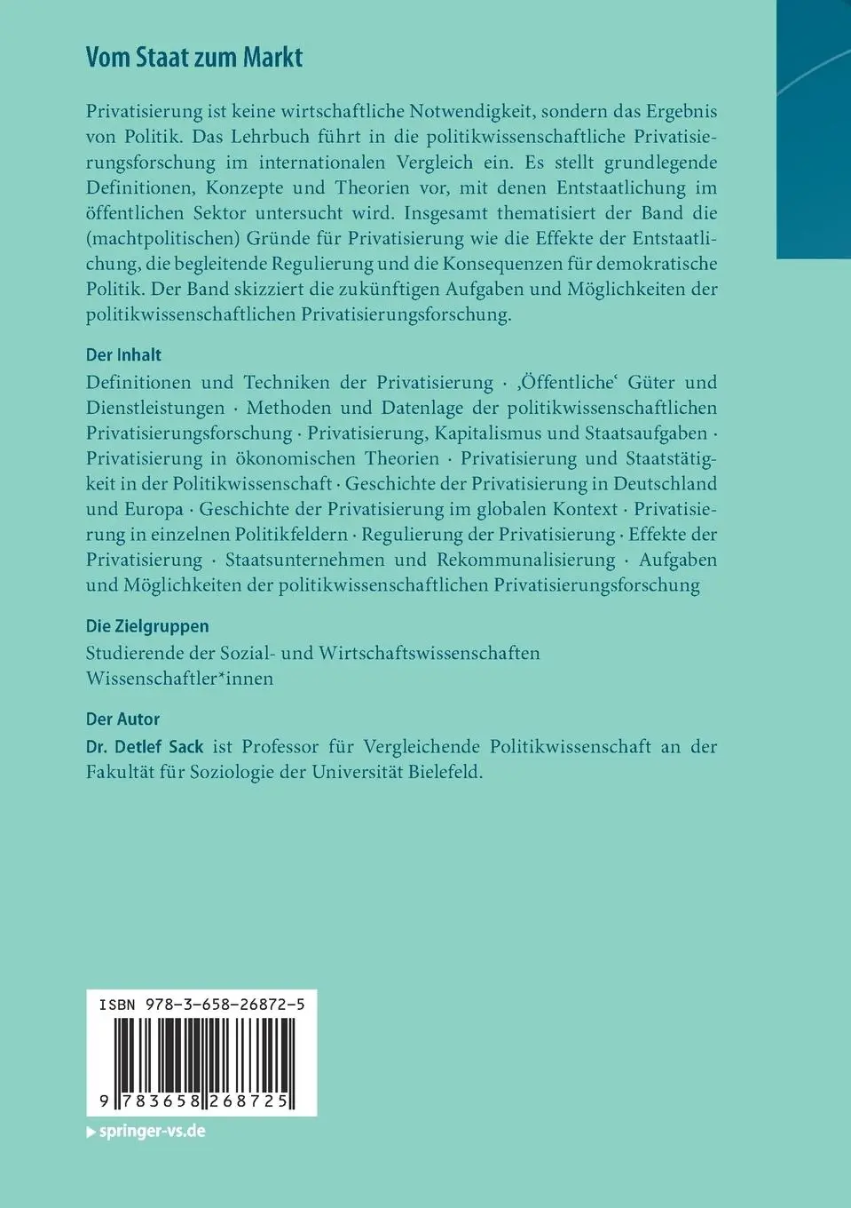 Rückseite: 9783658268725 | Vom Staat zum Markt | Detlef Sack | Taschenbuch | xvii | Deutsch
