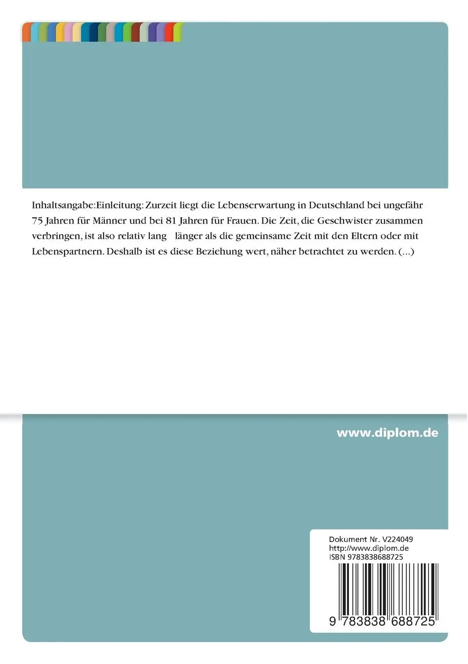 Rückseite: 9783838688725 | Geschwister von Menschen mit geistiger Behinderung und ihre Lebenswelt