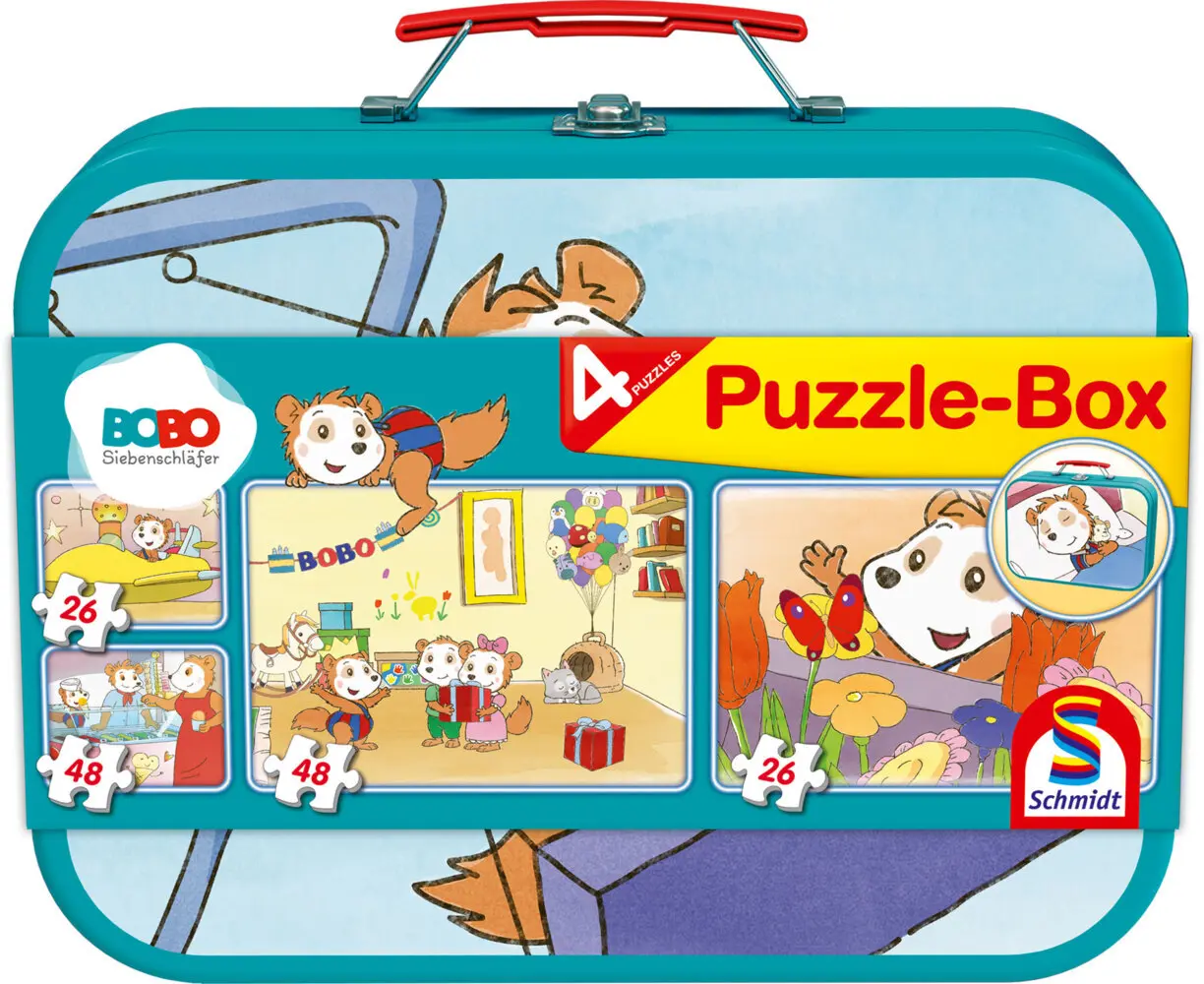 Cover: 4001504558925 | Bobo Siebenschläfer, Puzzle-Box, 2x26, 2x48 Teile im Metallkoffer