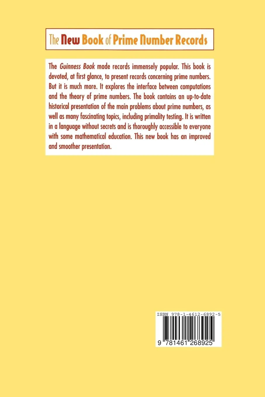Rückseite: 9781461268925 | The New Book of Prime Number Records | Paulo Ribenboim | Taschenbuch