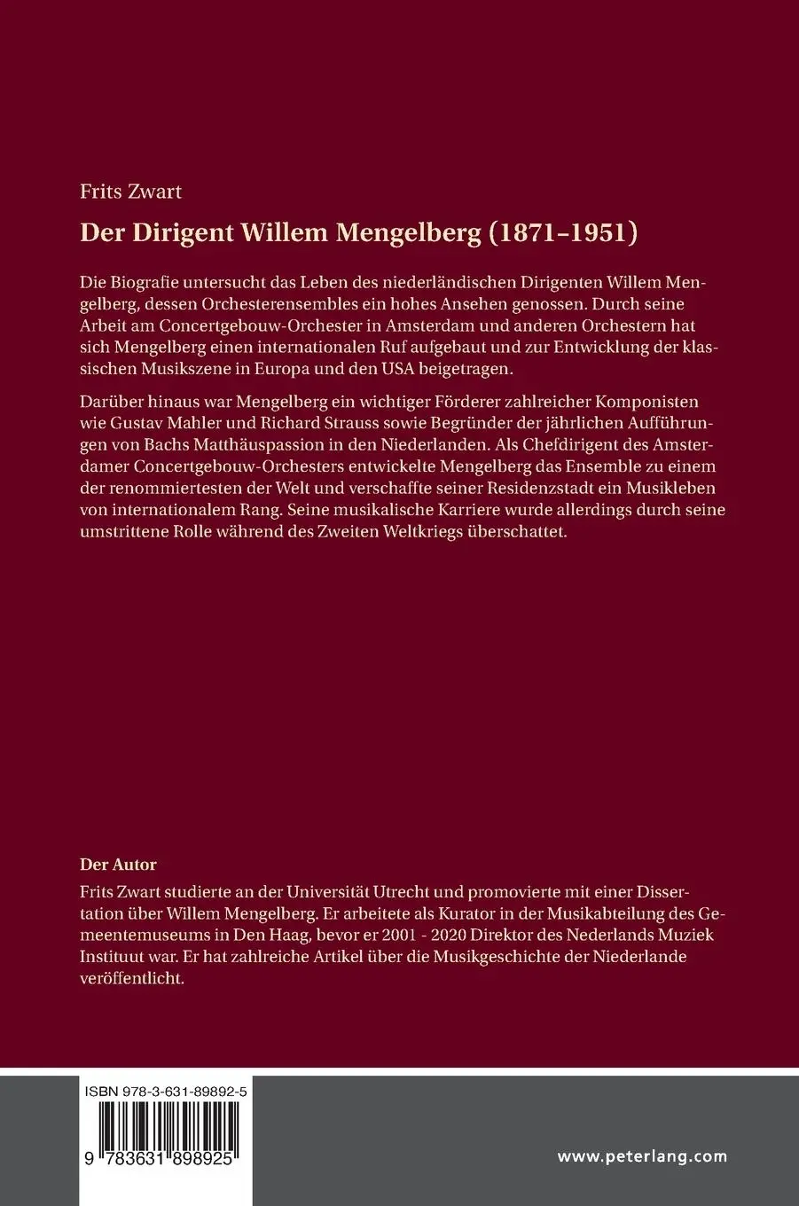 Rückseite: 9783631898925 | Der Dirigent Willem Mengelberg (1871-1951) | Frits Zwart | Buch | 2025