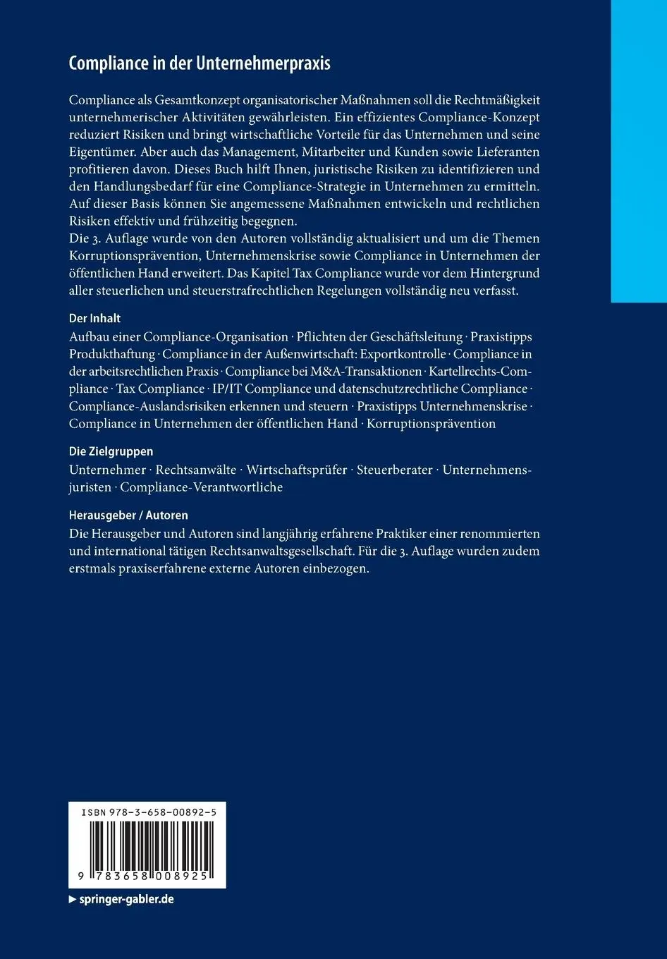 Rückseite: 9783658008925 | Compliance in der Unternehmerpraxis | Bastian Ohl (u. a.) | Buch | xvi