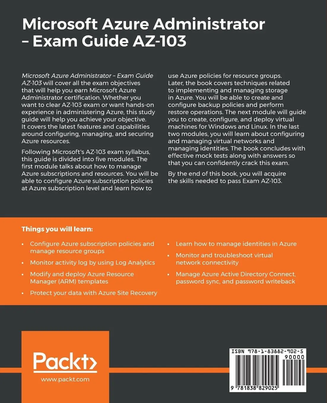 Rückseite: 9781838829025 | Microsoft Azure Administrator - Exam Guide AZ-103 | Sjoukje Zaal