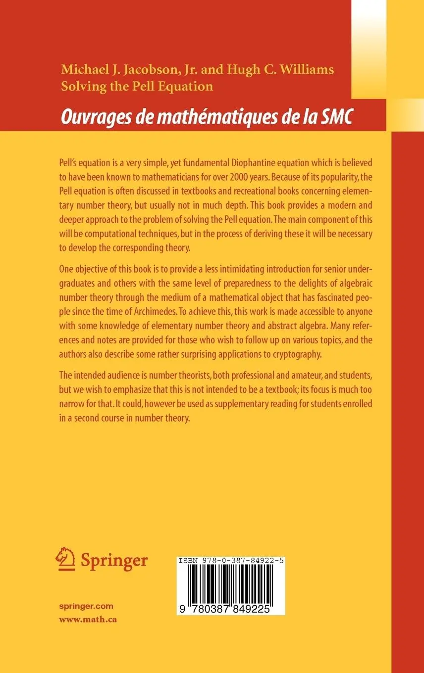 Rückseite: 9780387849225 | Solving the Pell Equation | Hugh Williams (u. a.) | Buch | xx | 2008 Rückseite: 9780387849225 | Solving the Pell Equation | Hugh Williams (u. a.) | Buch | xx | 2008