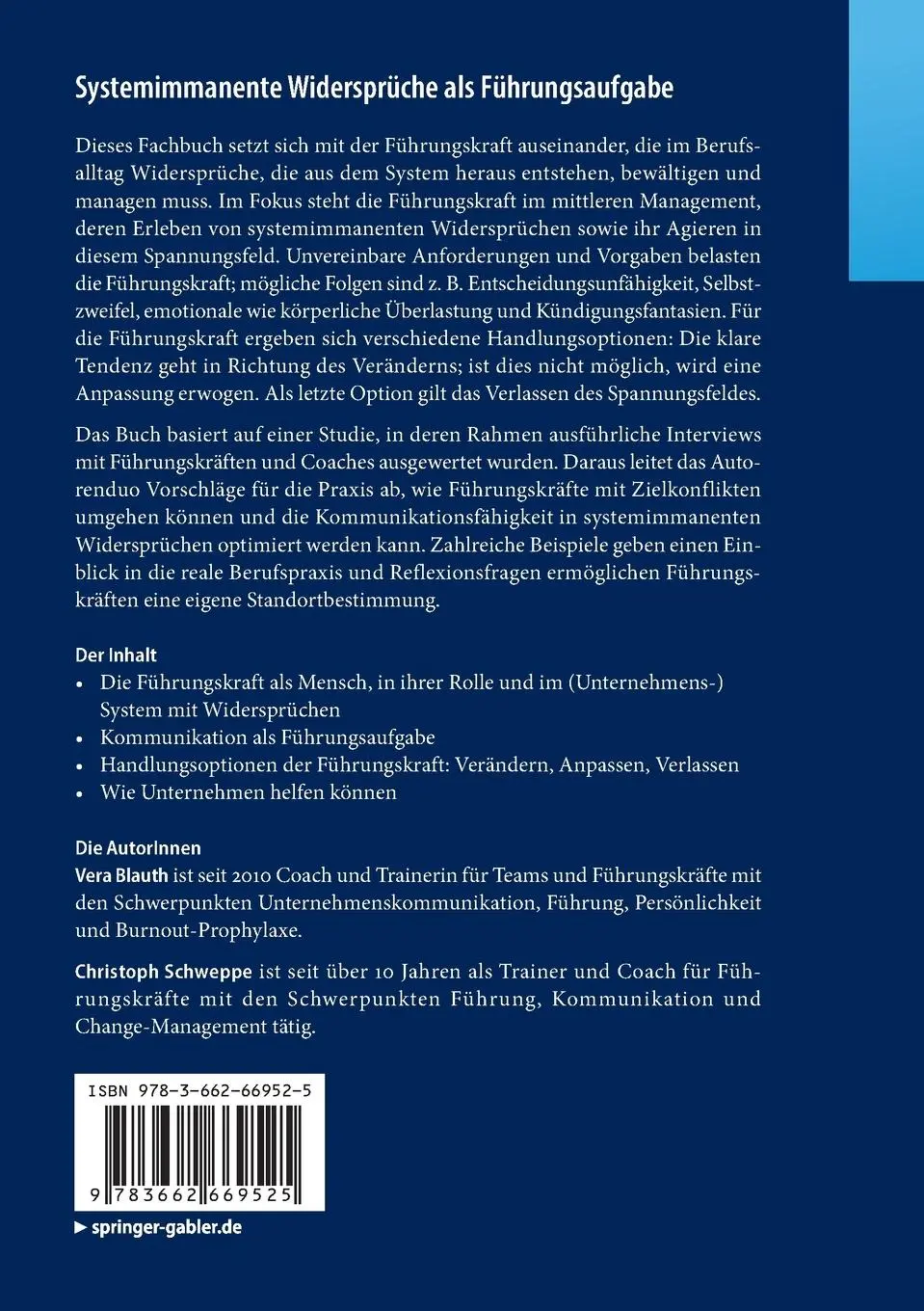 Rückseite: 9783662669525 | Systemimmanente Widersprüche als Führungsaufgabe | Vera Blauth (u. a.)