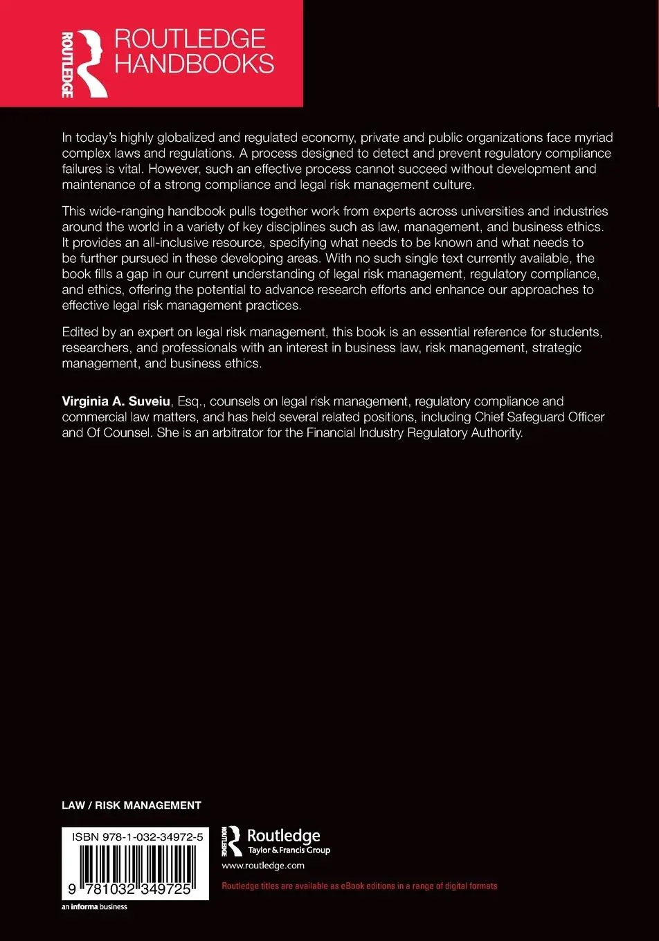 Rückseite: 9781032349725 | Routledge Handbook of Risk Management and the Law | Virginia A. Suveiu