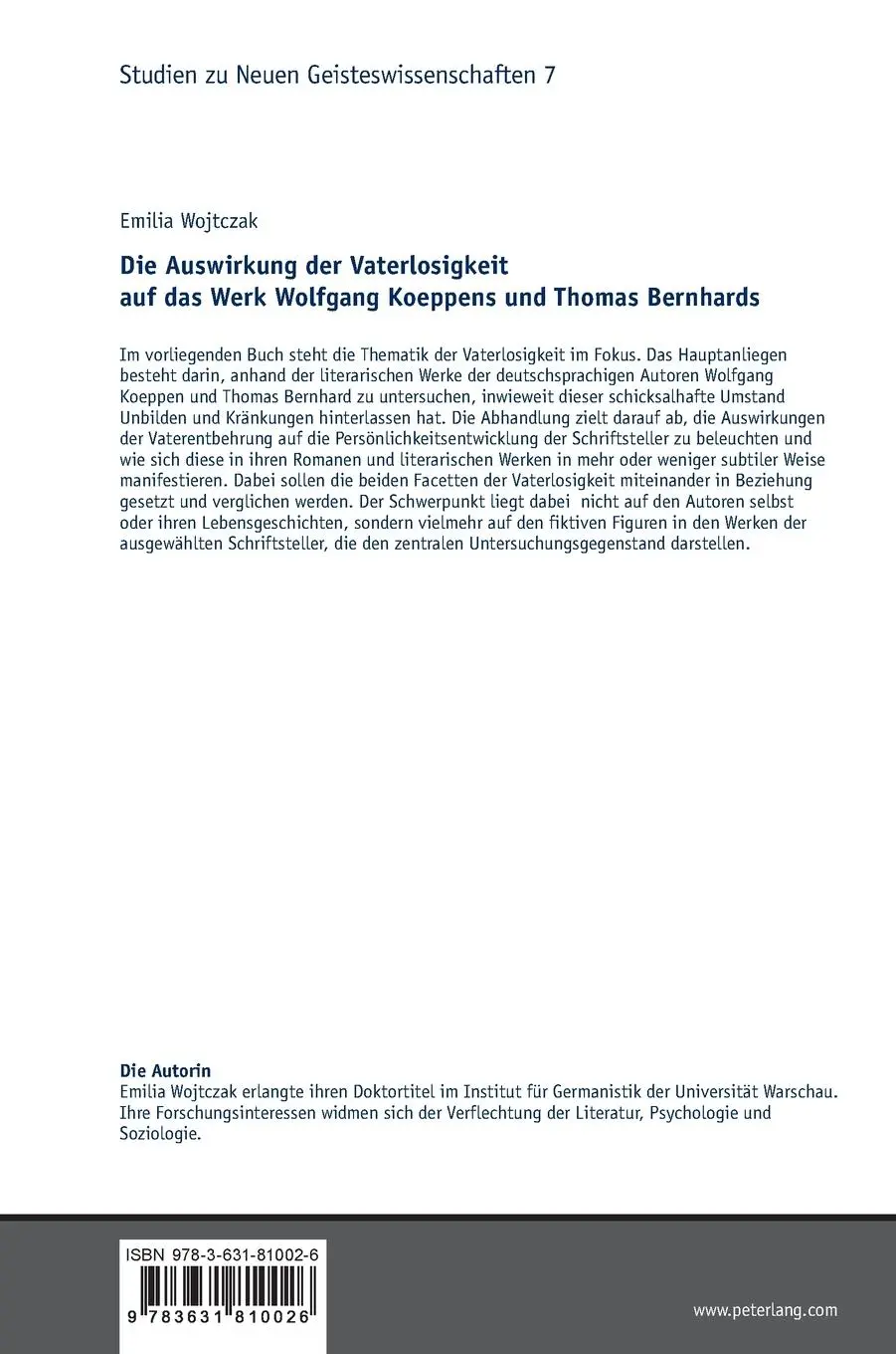 Rückseite: 9783631810026 | Die Auswirkung der Vaterlosigkeit auf das Werk Wolfgang Koeppens...