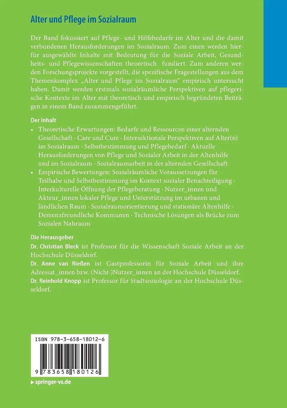 Rückseite: 9783658180126 | Alter und Pflege im Sozialraum | Christian Bleck (u. a.) | Taschenbuch