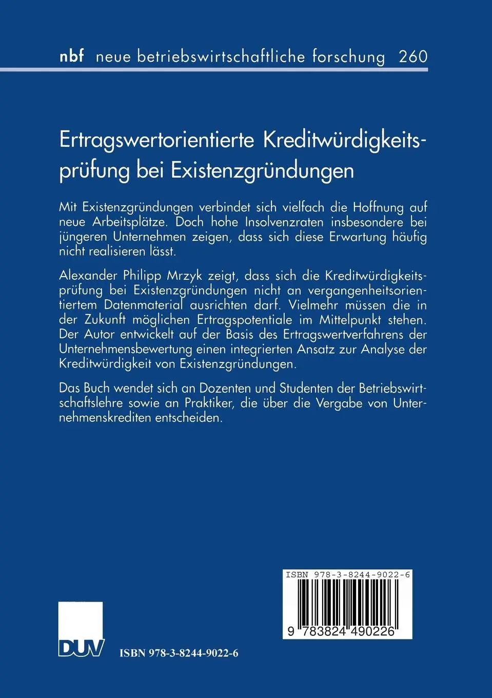 Rückseite: 9783824490226 | Ertragswertorientierte Kreditwürdigkeitsprüfung bei Existenzgründungen