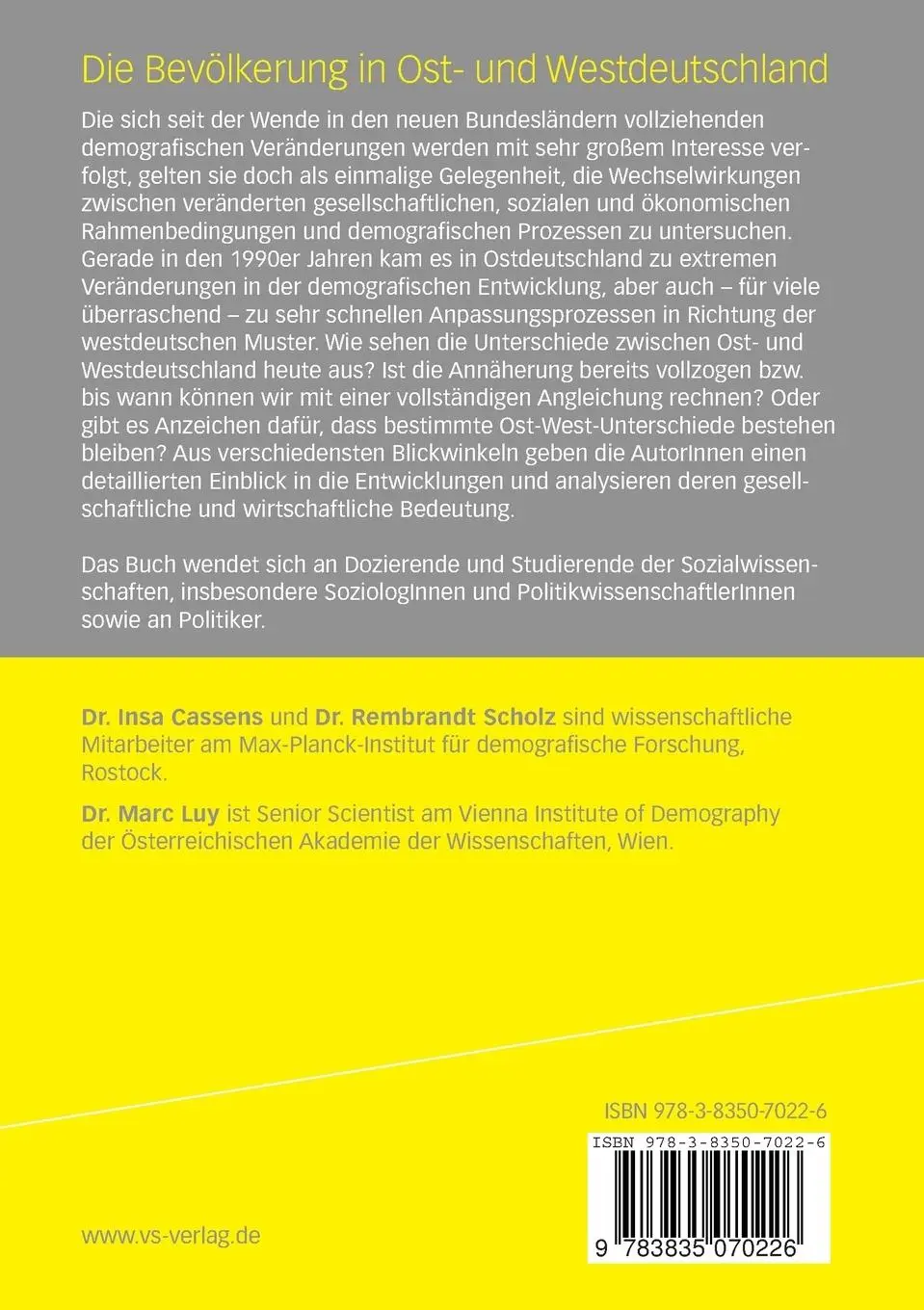 Rückseite: 9783835070226 | Die Bevölkerung in Ost- und Westdeutschland | Insa Cassens (u. a.)