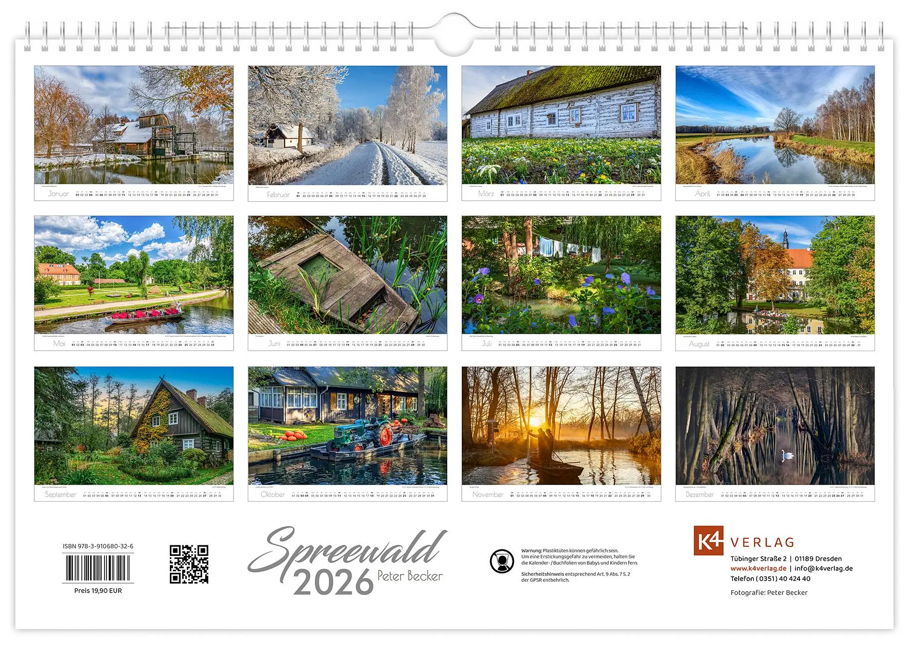 Bild: 9783910680326 | Kalender Spreewald 2026 | Peter Becker 45 x 30 cm weißes Kalendarium