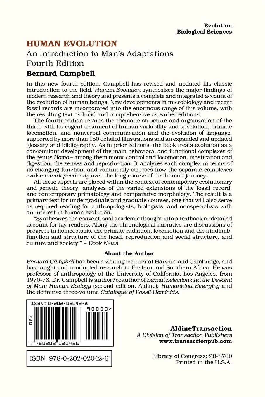 Rückseite: 9780202020426 | Human Evolution | An Introduction to Man's Adaptations | Campbell