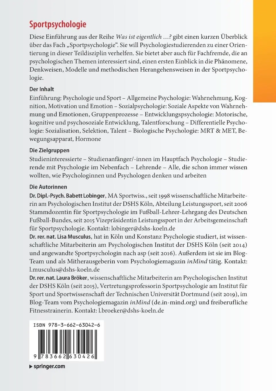 Rückseite: 9783662630426 | Sportpsychologie | Babett Lobinger (u. a.) | Taschenbuch | XII | 2021