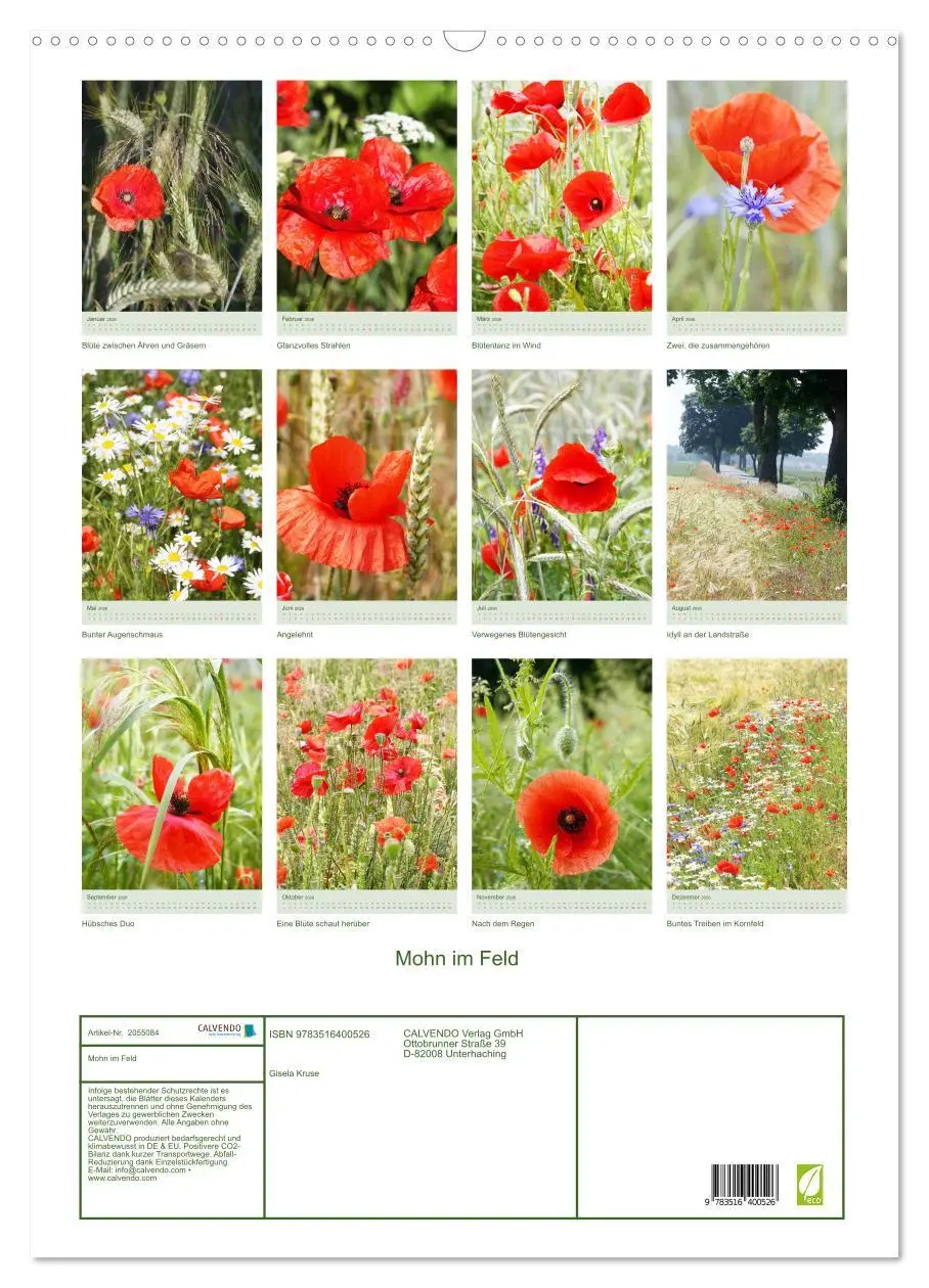 Bild: 9783516400526 | Mohn im Feld (Wandkalender 2026 DIN A2 hoch), CALVENDO Monatskalender