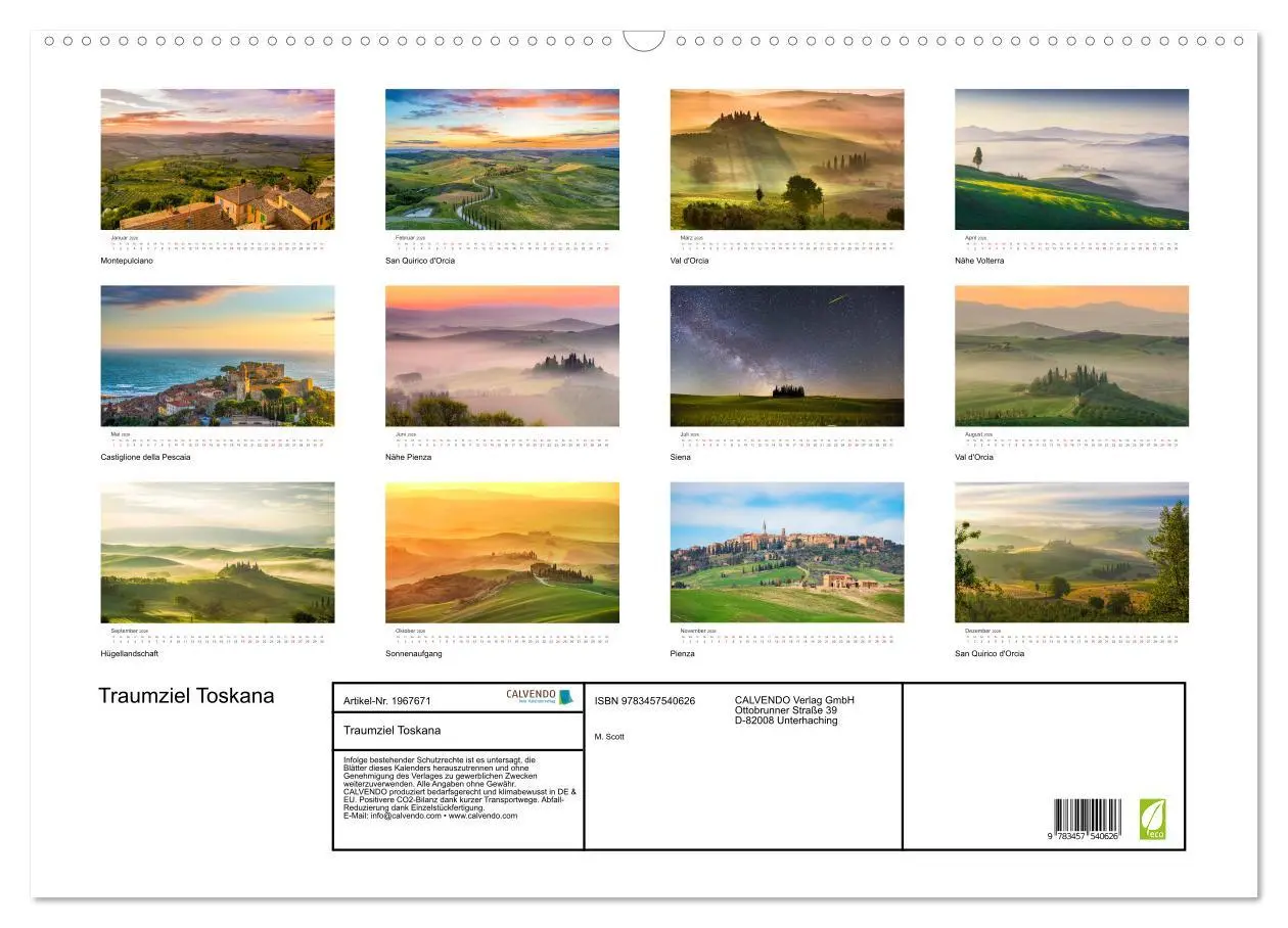 Bild: 9783457540626 | Traumziel Toskana (Wandkalender 2026 DIN A2 quer), CALVENDO...