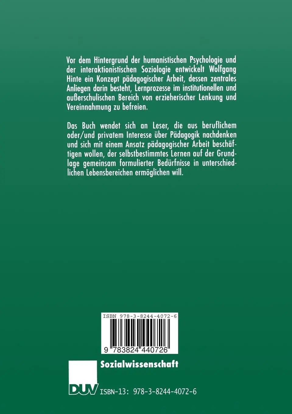 Rückseite: 9783824440726 | Non-direktive Pädagogik | Wolfgang Hinte | Taschenbuch | 215 S. | 1998