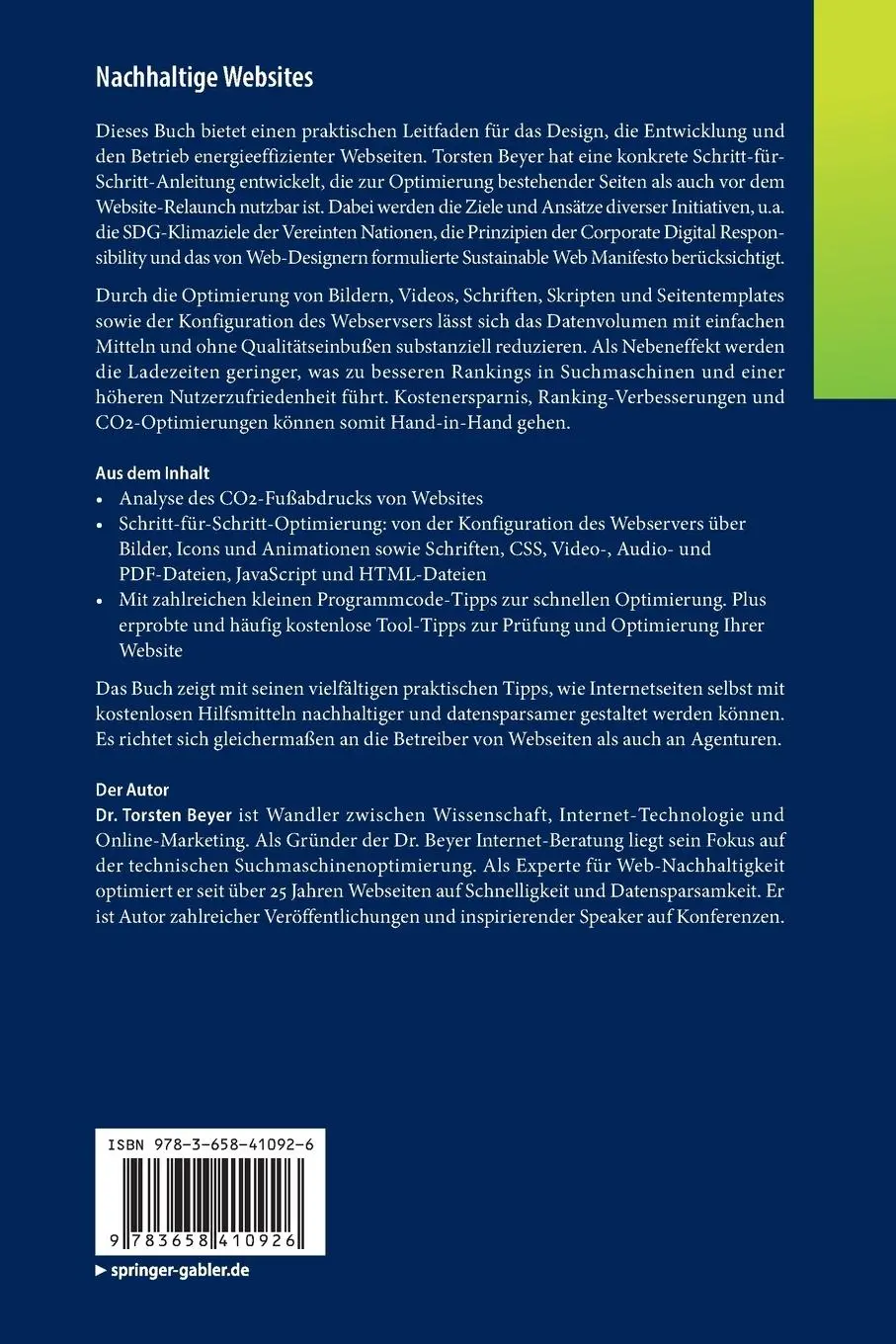 Rückseite: 9783658410926 | Nachhaltige Websites | Torsten Beyer | Taschenbuch | XIV | Deutsch