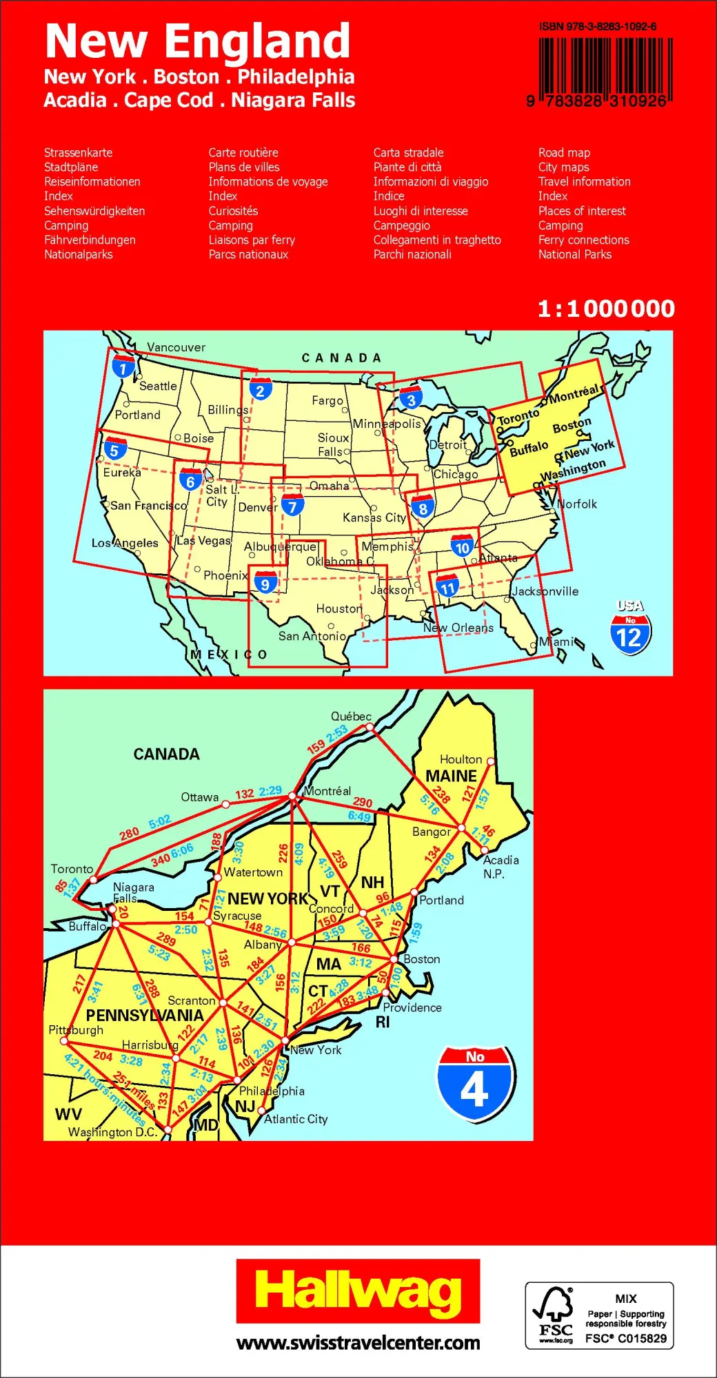 Rückseite: 9783828310926 | Hallwag Strassenkarte USA, New England 1:1 Mio. | AG | (Land-)Karte