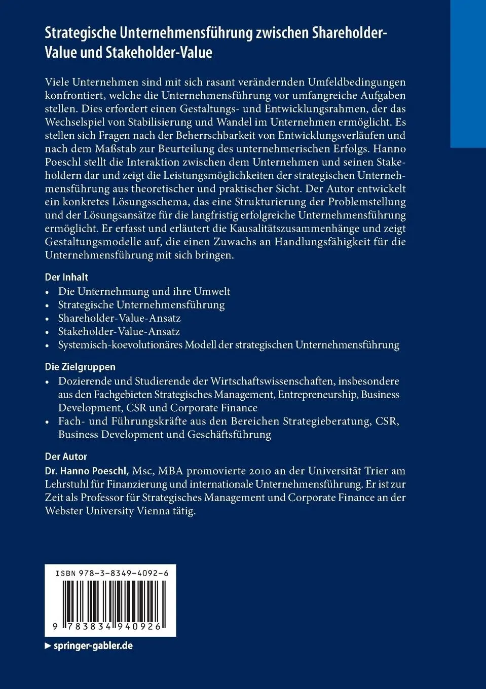 Rückseite: 9783834940926 | Strategische Unternehmensführung zwischen Shareholder-Value und...