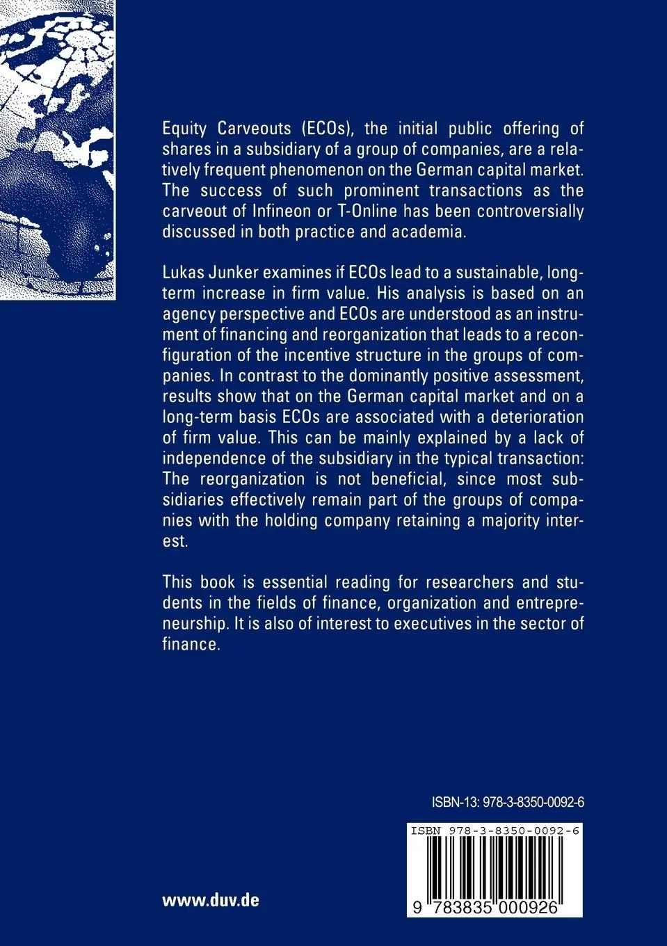 Rückseite: 9783835000926 | Equity Carveouts, Agency Costs, and Firm Value | Lukas Junker | Buch